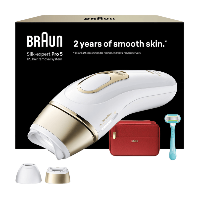 BRAUN IPL Silk·Expert Pro 5 PL5221, At Home IPL Hair Removal, 2 Attachment Heads, White/Gold MegaBDM