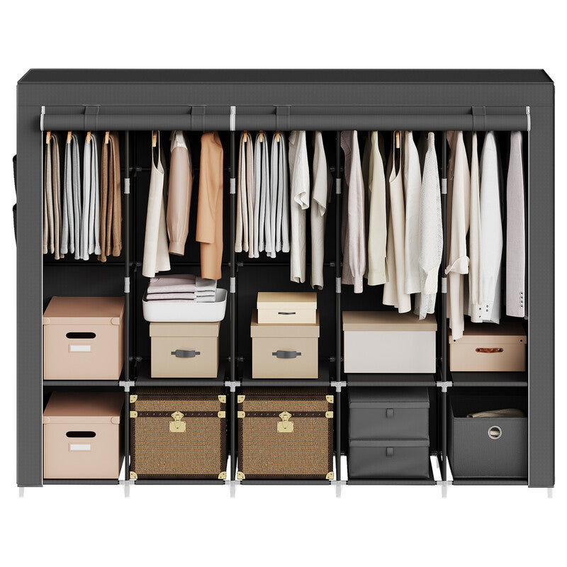 JOYFURNOS Portable Fabric Closet, Large Clothes Storage Wardrobe with 5 Rails, Multiple Shelves and Side Pockets, Garment Rack, Black MegaBDM