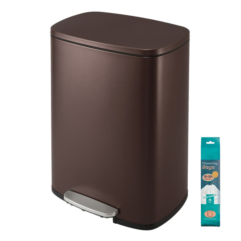 JOYFURNOS 50 L Kitchen Bin, Rubbish Bin, Stainless Steel Trash Bin, Soft Close, Step-On Pedal, Removable Inner Bucket, Brown MegaBDM