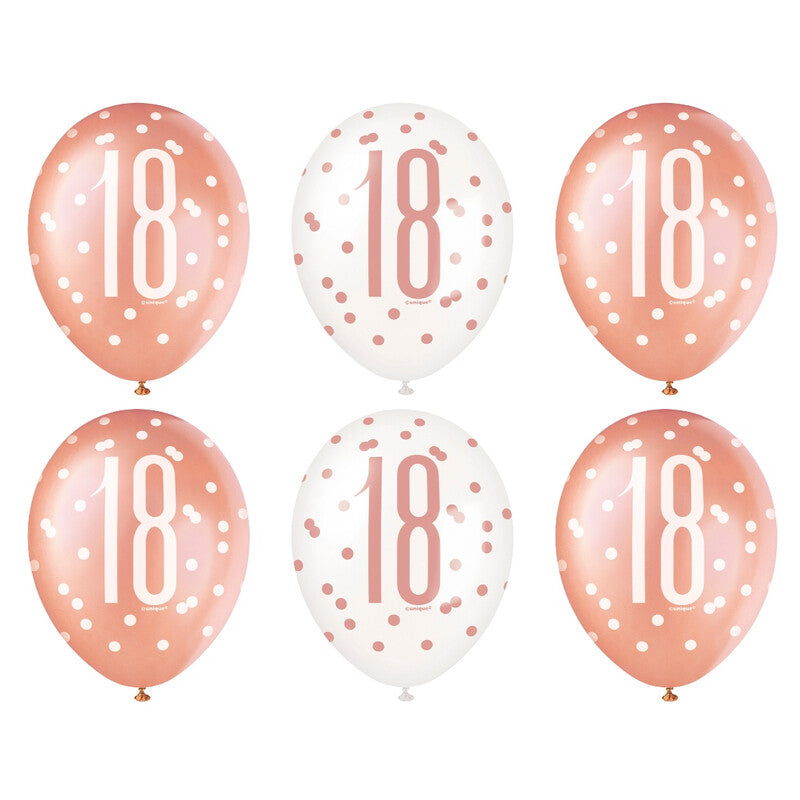 Unique Party Latex 18th Birthday Balloons, Glitz Rose Gold, 30cm, 6 Pack MegaBDM