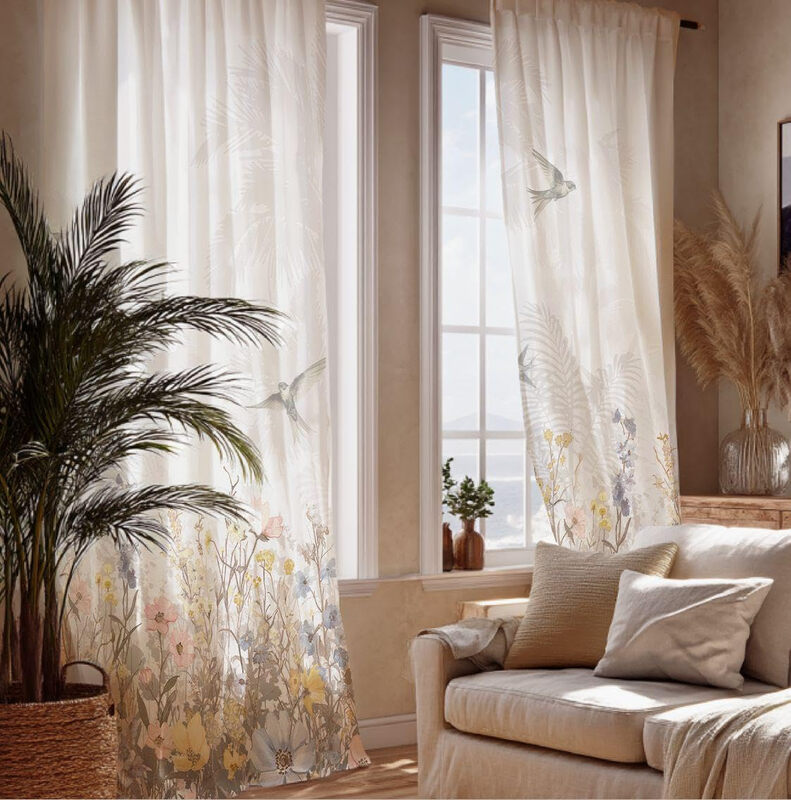 PONY DANCE Floral Print Sheer Curtains 2 Panels, Non See Through Privacy Light Filtering Drapes Window Covering Rod Pocket & Back Tab for Living Room, Bedroom, Kitchen Decor, W132 x L245 cm MegaBDM