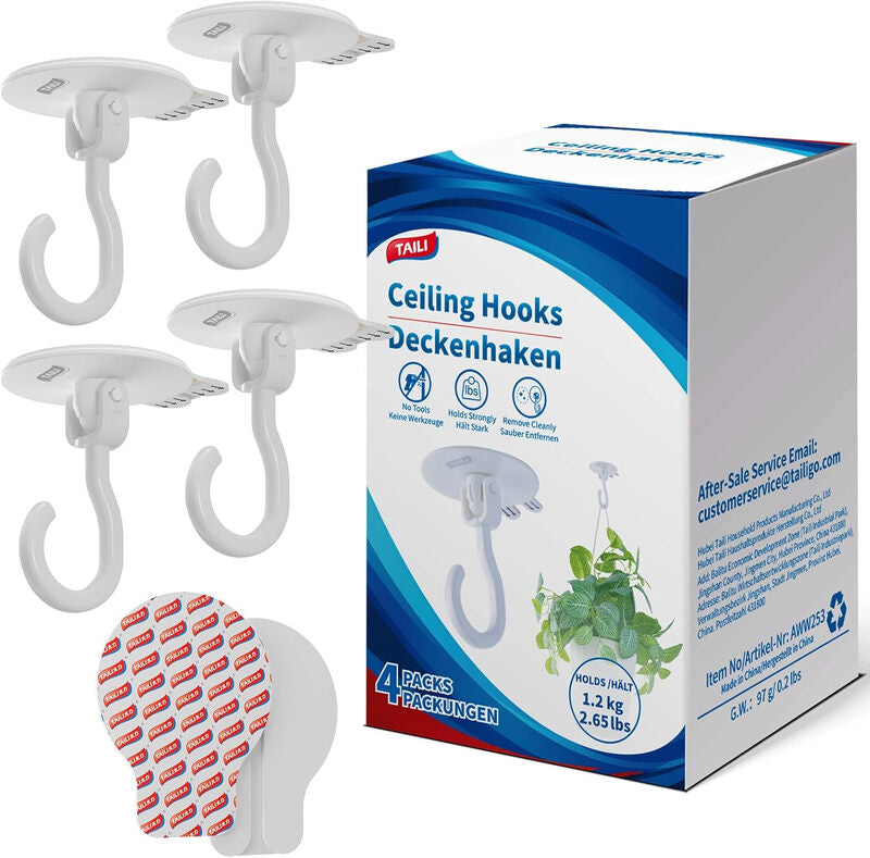 TAILI Adhesive Ceiling Hooks for Hanging Plants, Heavy Duty No-Drill Removable Sticky Wall Hooks Hanging Christmas Lights Garland Coat for Door Kitchen, Renter Friendly - 4 Pack White MegaBDM