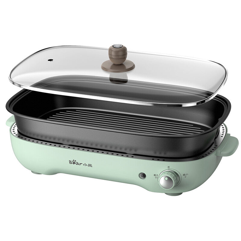 Bear Electrical BBQ Grill Pan with Hot Pot, Grill, and 6-Hole Pans, 1200-1400W Stepless Temperature Control MegaBDM