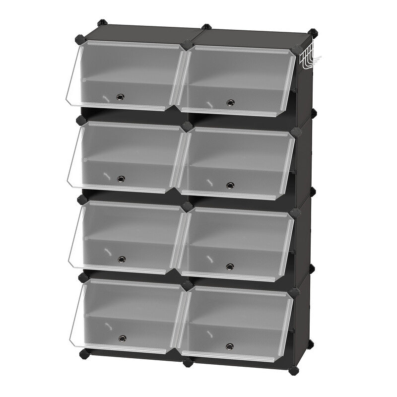 JOYFURNOS Shoe Storage Unit with 8 Compartments, Adjustable Hallway Shelf, Cabinet for up to 32 Pairs, Black-Transparent MegaBDM