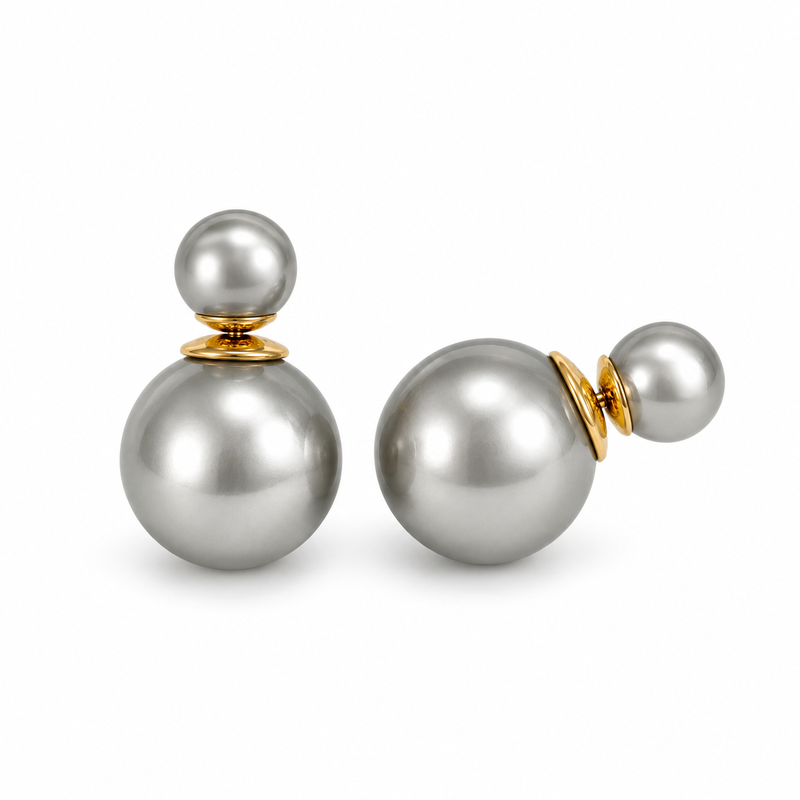 VoxorAI Dark Gray Classic Double Pearl Earrings with Two Pearls on Both Sides, Light Luxury, High Fashion, Niche New Products 6mm and 14mm MegaBDM