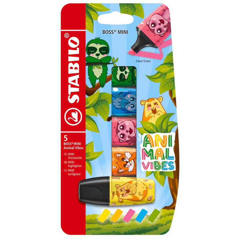 STABILO BOSS MINI Animal Vibes - Highlighter - Pack of 5 - Assorted Colours MegaBDM