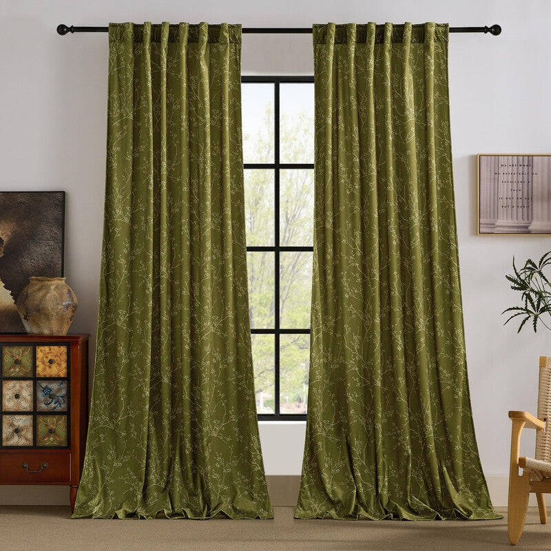 PONY DANCE Floral Printed Velvet Curtains Back Tab Thermal Insulated Light Filtering Window Drapes for Bedroom/Living Room, 2 Panels, W127 x L245 cm, Olive Green MegaBDM