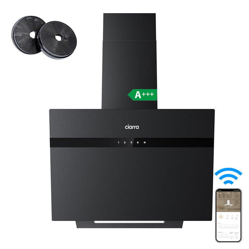 Ciarra Convection Headless Slanted Hood, Matte Black Glass 60CM, Writable, App/Wi-Fi Control, A+++ MegaBDM