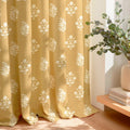 PONY DANCE Faux Linen Curtains with Floral Pattern, Autumn French Country Drapes Privacy Light Filtering for Living Room/Bedroom/Dining Room/Home Office, Mustard Yellow, W132 x L245 cm, 2 Panels MegaBDM