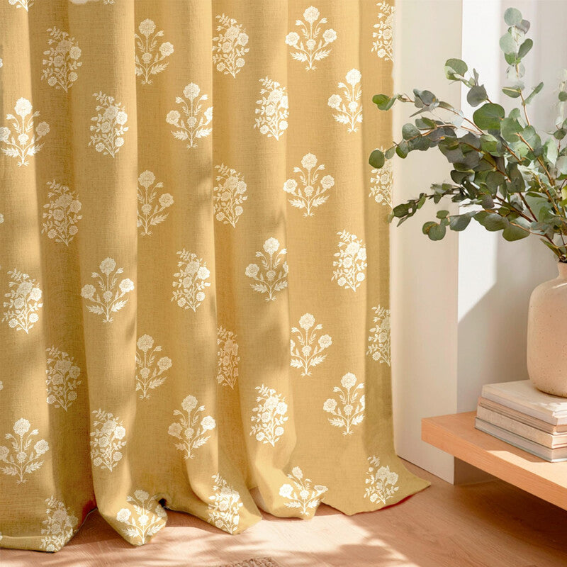 PONY DANCE Faux Linen Curtains with Floral Pattern, Autumn French Country Drapes Privacy Light Filtering for Living Room/Bedroom/Dining Room/Home Office, Mustard Yellow, W132 x L245 cm, 2 Panels MegaBDM