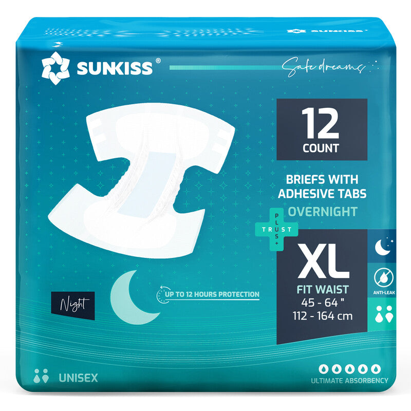 SUNKISS TrustPlus Overnight Adult Diapers with Ultimate Absorbency, Unisex Disposable Incontinence Briefs with Tabs for Men and Women, Odor Control, XLarge, 12 Count