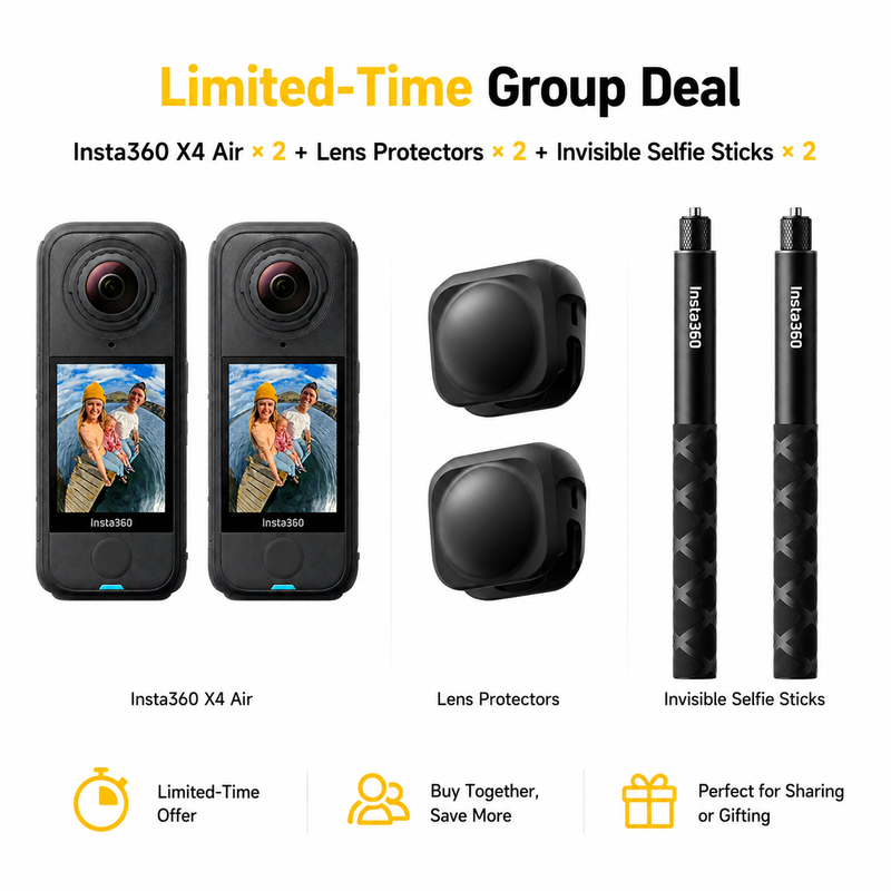Limited-Time Group Deal Insta360 X4 Air × 2 + Lens Protectors × 2 + Invisible Selfie Sticks × 2 MegaBDM