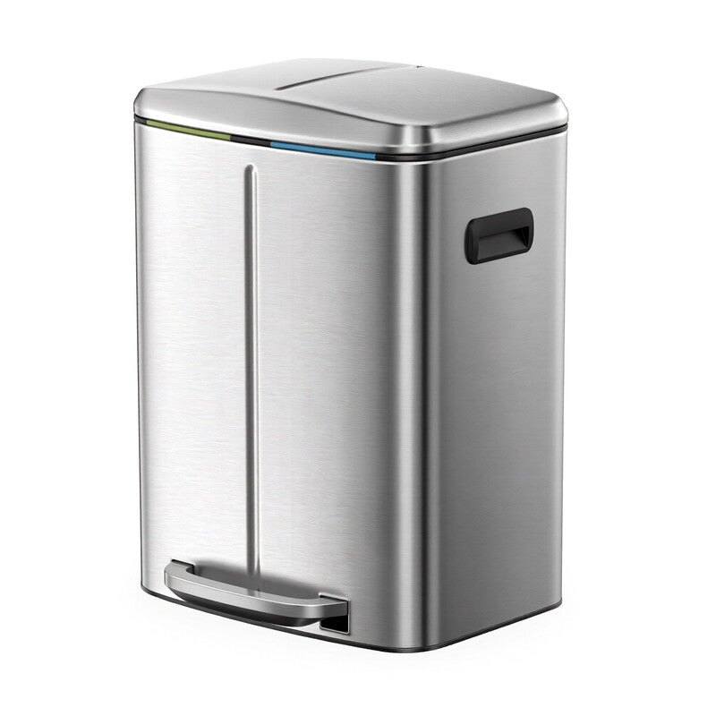 JOYFURNOS Silver Dual 20L Step Bin for Kitchen – 2 Compartments, Metal, Plastic Inner Buckets, Soft-Close Lids, Handles & Odour Seal – Great for Waste Separation, 42.7x40.8x60.2cm MegaBDM