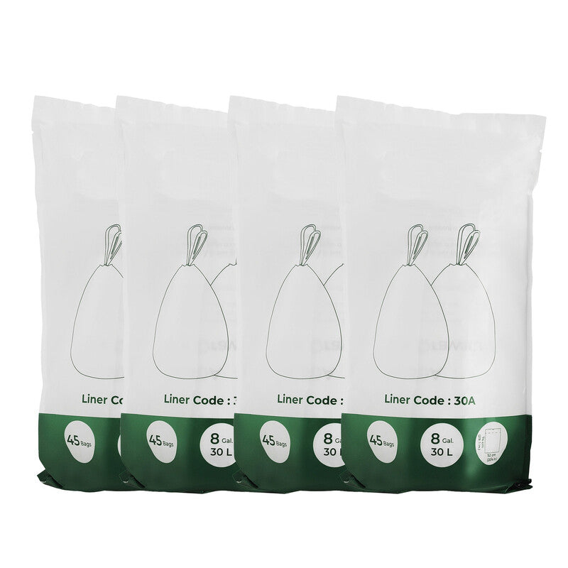 JOYFURNOS Heavy-Duty Bin Bags, Drawstring Rubbish Bags for 8-Gallon (30L) Kitchen Bins, Pre-Separated, Liner Code 30A, 4 Rolls, 180 Pieces, White MegaBDM
