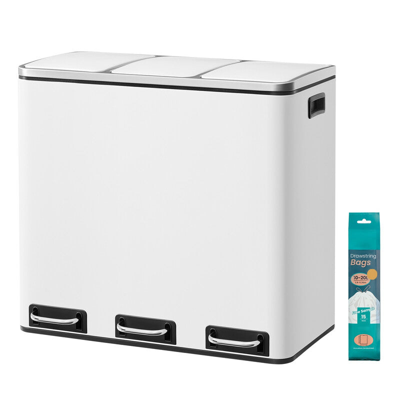 JOYFURNOS Triple Recycling Bin, 3 x 18L Waste Bin with Pedals, Soft-Close Lids, Steel, for Kitchen, White MegaBDM