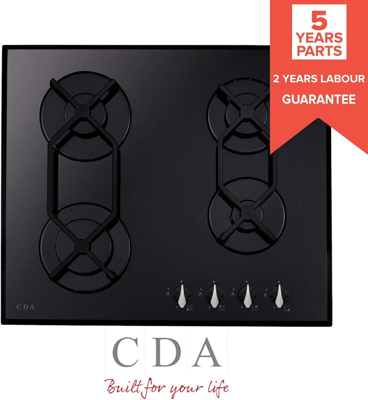 CDA HVG621BL 60cm Black Glass 4-Burner Gas Hob – Cast-Iron Pan Supports MegaBDM