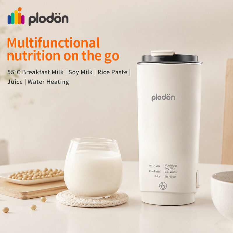 Plodon Mini Electric Soy Milk Maker On The Go, 300ml Portable Travel Heating Blender Cup with 9-Hour Preset, for Soy Milk, Nut Milk, 55°C Breakfast Milk, Rice Paste, Juice & Boiling Water, Auto-Clean, Stainless Steel MegaBDM