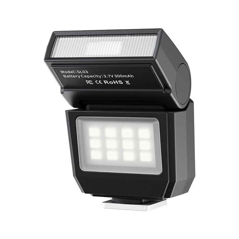 Ulanzi SL03 Mini Camera Flash with Video Light for Sony/Canon/Fuji DSLR, GN8 6500K Camera Speedlite Flash Units, 90° Adjustable， 4 Power Levels (1/8~1/1)， Universal Single Contact Hot Shoe Black MegaBDM