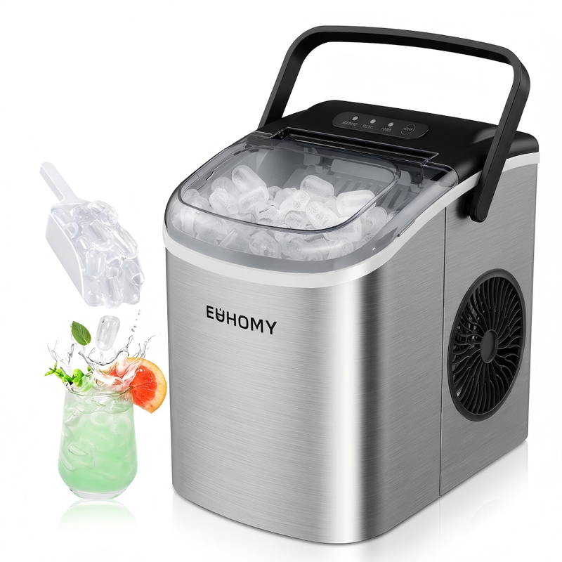 EUHOMY Countertop Ice Maker – Self-Cleaning Function – 9 Cubes in 6 Minutes – Portable Ice Cube Maker with Ice Scoop & Basket – For Home, Kitchen, Office, Bar MegaBDM