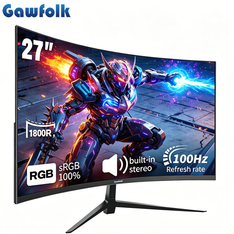 Gawfolk 27" Curved Monitor, FHD 1080P 100Hz 1800R VA Screen with Built-in Speakers, 100% sRGB, Adaptive Sync, Eye Care, HDMI/VGA Ports, VESA Mountable for Gaming & Office MegaBDM
