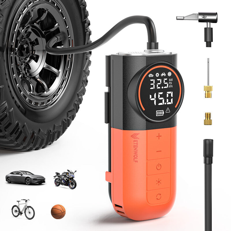 ETENWOLF S1 Tire Inflator Portable Air Compressor, 160PSI Air Pump for Car Tires, Bike, Motorcycle, Balls, Fast Inflation Tire Pump, Cordless bike Pump with LED Light & Digital Pressure Gauge(Orange) MegaBDM