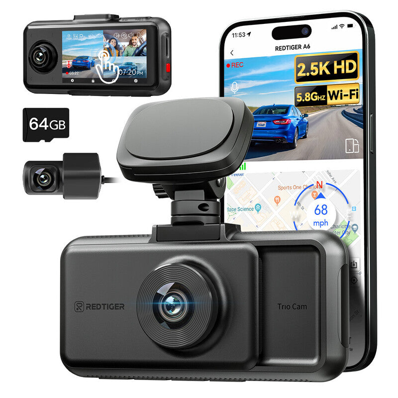 REDTIGER A6 3 Channel Dash Cam, Touch Screen, 2.5K+1080P+1080P Dash Cam Front and Rear Inside, 64GB Card, Triple Dash Camera with WiFi & GPS, Loop Recording, Night Vision MegaBDM