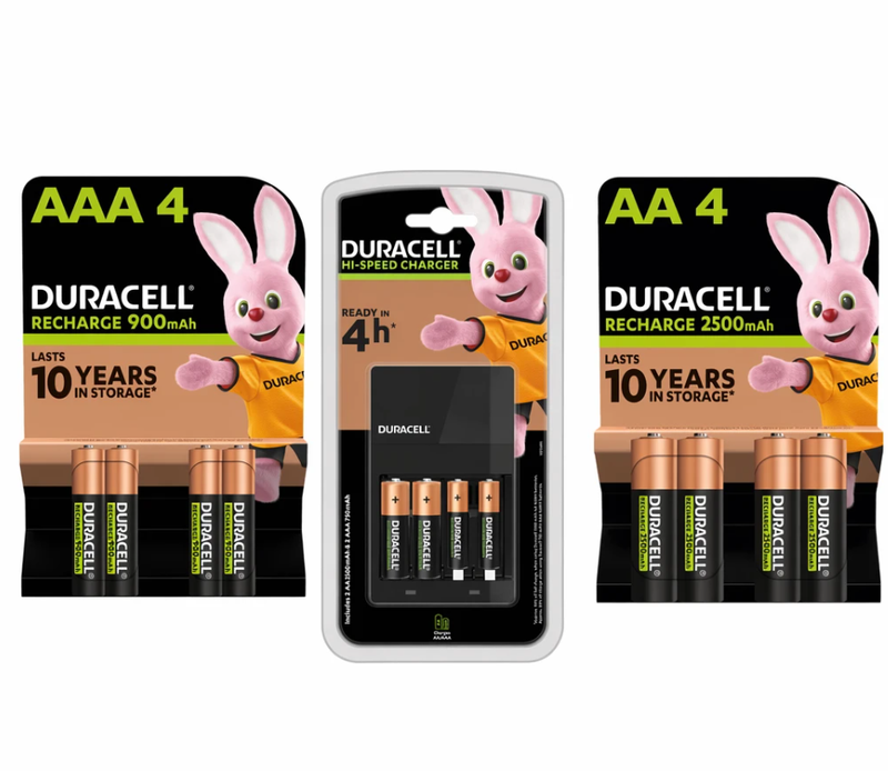 Duracell 4-Hour Charger + Duracell Rechargeable AA 2500mAh 4 Pack + Duracell Rechargeable AAA 900mAh 4 Pack MegaBDM