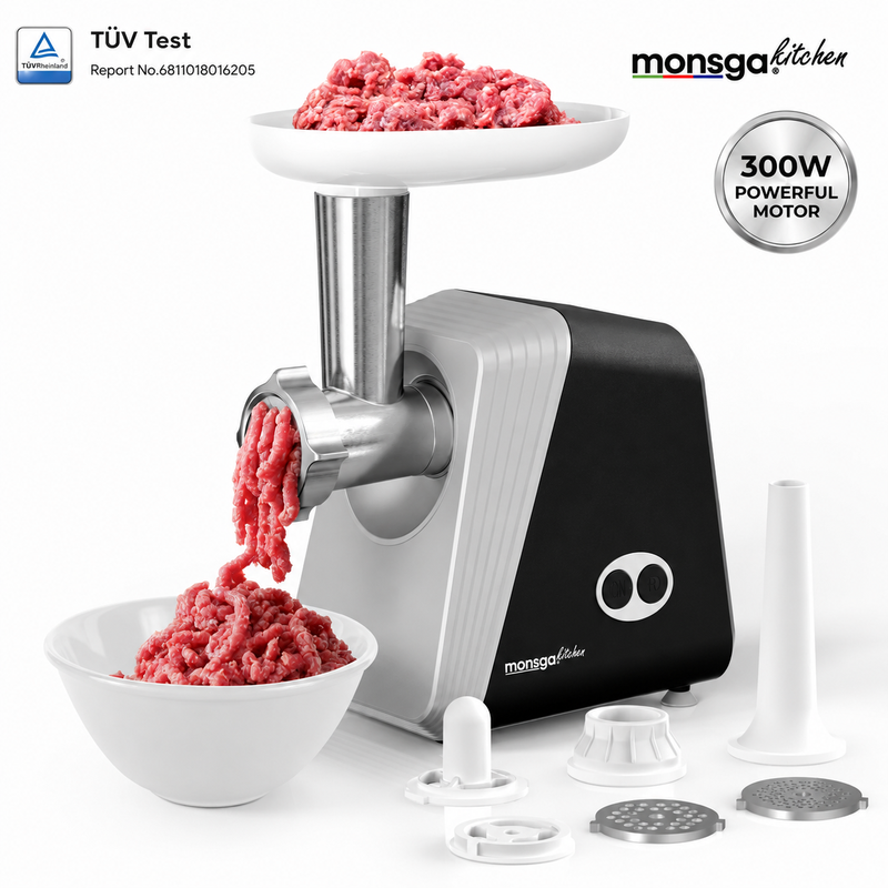 Monsga G100 Multifunctional Meat Grinder, 300W Electric Mincer with 1200W Max Power, Reverse Function & Cord Storage, Includes 3 Cutting Discs, Sausage Stuffer, Kibbeh & Cookie Maker for Home Kitchen MegaBDM