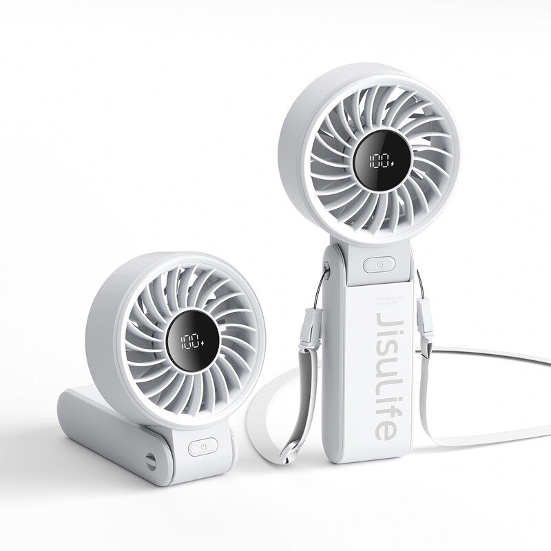 JISULIFE Portable Handheld Fan Life 7, 5000mAh Rechargeable, High-Power Motor, LED Display, 19.5 Hrs Cooling, 5 Speed, Foldable Design, 3-IN-1 , White MegaBDM