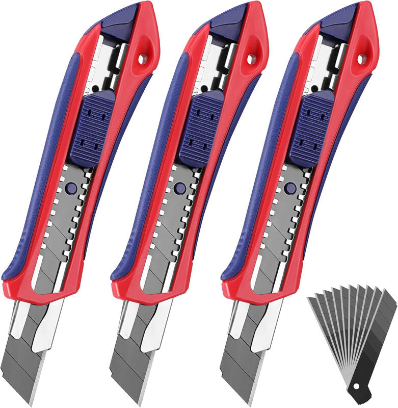 WORKPRO Set of 3 Cutter Knife Set 18 mm with 10 Replacement Blades Made of SK5, Professional Cutter Knife with Rubber Handle, Snap Off Blade, Cardboard Knife, Multi-Purpose Knife, Cutting to Paper, MegaBDM