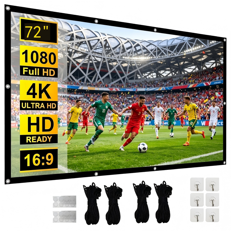 XBJ 72 Inch Projector Screen 16:9 | Portable HD 4K Foldable Anti-Crease Screen, 160° Wide Viewing Angle Double-Sided Projection, Extra Long Ropes & Hooks for Easy Install, Indoor/Outdoor Home Theater/Backyard Party Cinema MegaBDM