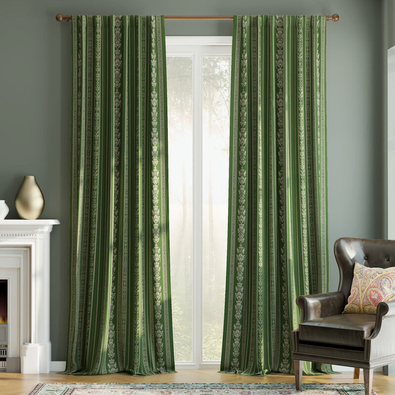 PONY DANCE Striped and Floral Velvet Curtains Back Tab, Luxury Classical Room Darkening Thermal Insulated Curtains for Living Room Bedroom, 2 Panels, W127 x L220 cm, Green MegaBDM
