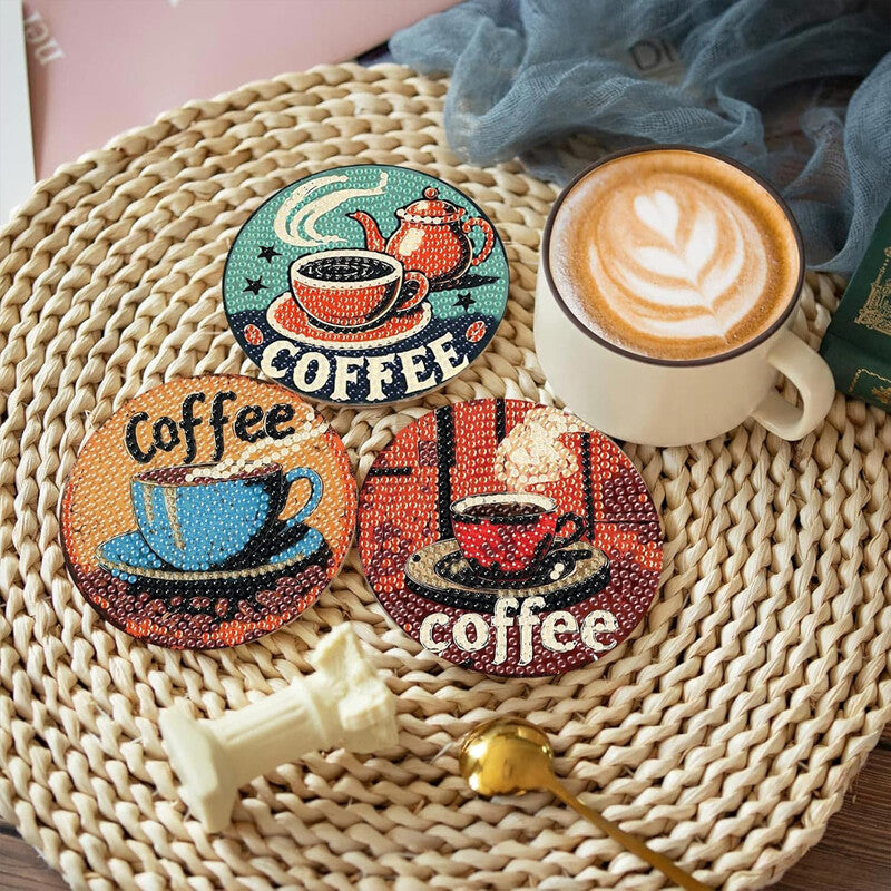 JU7CER Coffee Diamond Painting Coaster Set - 8-Piece Square Decorative Art Coasters with Stand | Adult DIY Craft 4×4 Inches (10×10cm) MegaBDM
