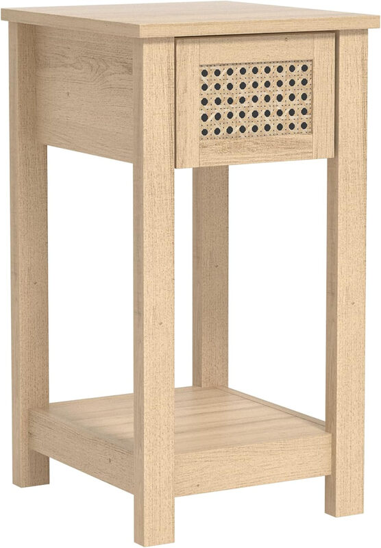 Galano Gio Bedside Table – Stylish Bedside with Rattan Effect – Slim Drawer Side Table with Storage – Cabinet for Bedroom, Hallway or Entryway – Oslo Oak MegaBDM
