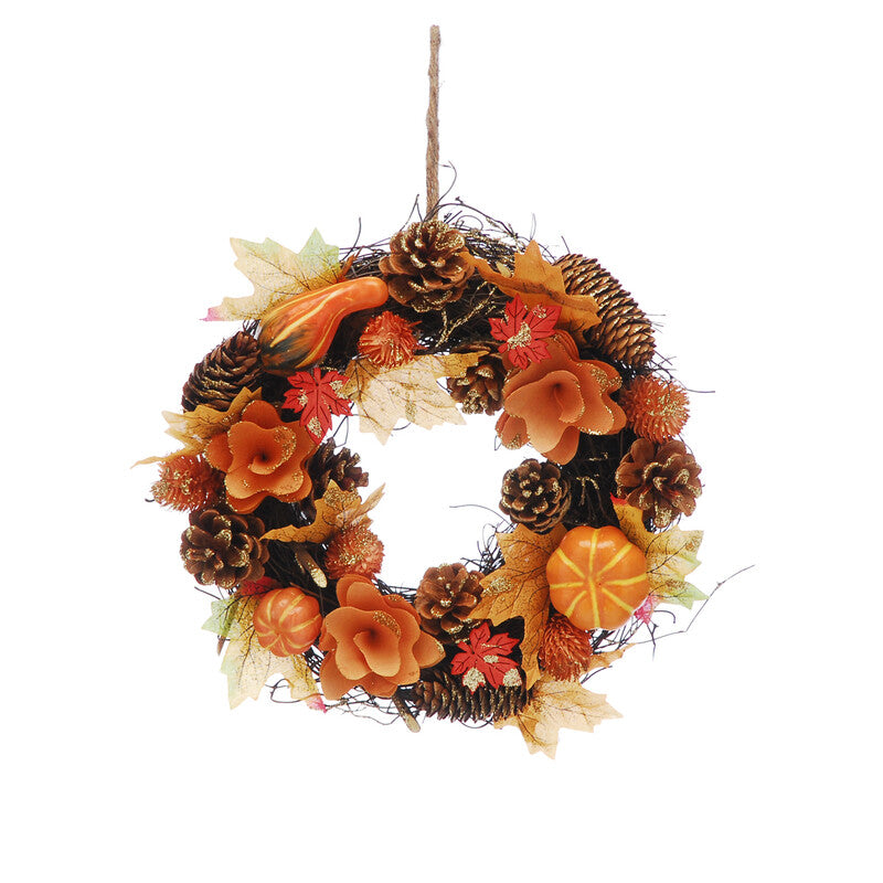 Festive 30Cm Orange Flowers/Pumpkins Autumn Wreath MegaBDM