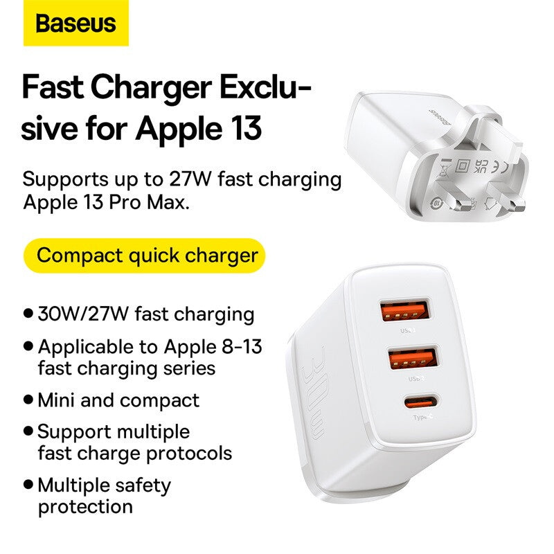Baseus Quick Charger 2U+C 30W, 3-Port UK Travel Adapter, White, Compatible with iPhone, Samsung, Google Pixel MegaBDM