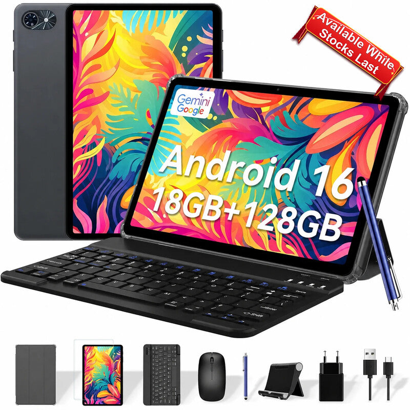 【Selected Deals, Available While Stocks Last! 】TABWEE T80 Tablet 10" Android 16, 18GB(6+12) RAM + 128GB ROM (2TB TF), 6000mAh Tablet with Keyboard, 5MP + 2MP, Gemini AI 3.1 Pro, 5G WiFi, GPS, Face ID MegaBDM