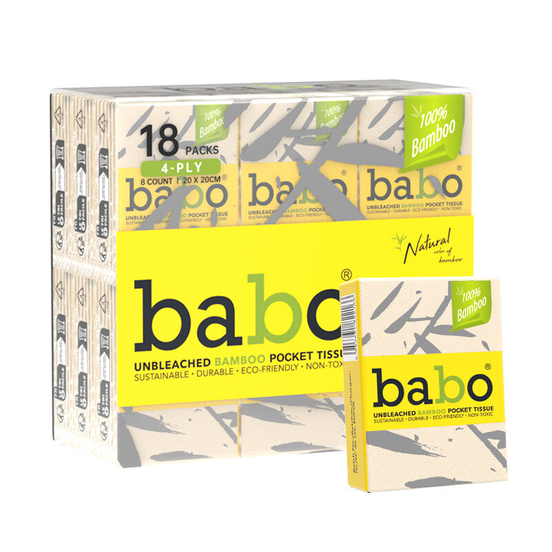 BABO EU Standard Bamboo Pulp Mini Pocket Tissues, 4-Ply, 200×200mm, 8 Sheets per Mini Pack, 18 Packs per Bundle, Unbleached & Fluorescent-Free, Wet-Strong and Lint-Free, Compact Pocket Tissues for Outdoor Activities & Daily Commute MegaBDM