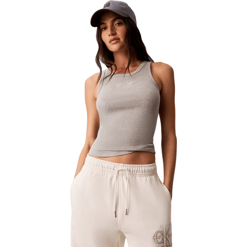 Calvin Klein Jeans Women Embroidered CK Logo Rib Tank Top - B10 Grey Heather MegaBDM