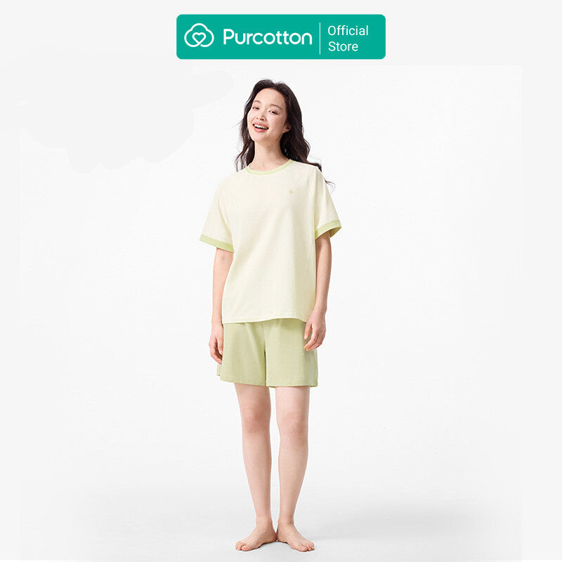 Purcotton Women's Antibacterial Knit Loungewear Set - Shorts Style - Comfortable Skin-Friendly - Restful & Casual Style - Soft Off-White - Top: 160/84A; Bottom: 160/68A MegaBDM