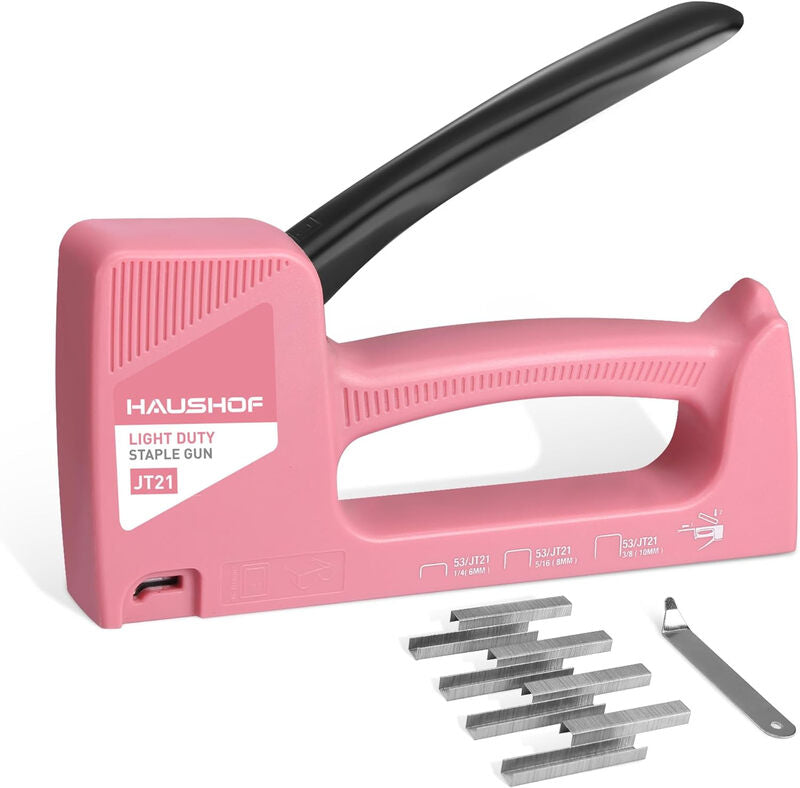 HAUSHOF Hand Stapler Gun Pink Upholstery Staple Gun Wood Stapler for Staples Type 53, with 800 Staples 8 mm and Staple Remover for Wood, Fabric, Furniture MegaBDM