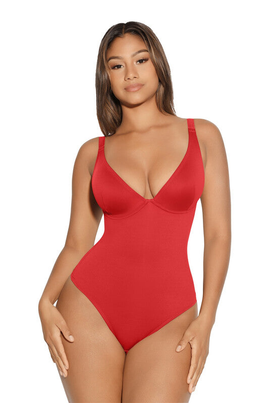 Feelingirl Style Plunge V-Neck Sexy Vibe Thong One-Piece Tummy control Bodysuit for Women XL Red MegaBDM