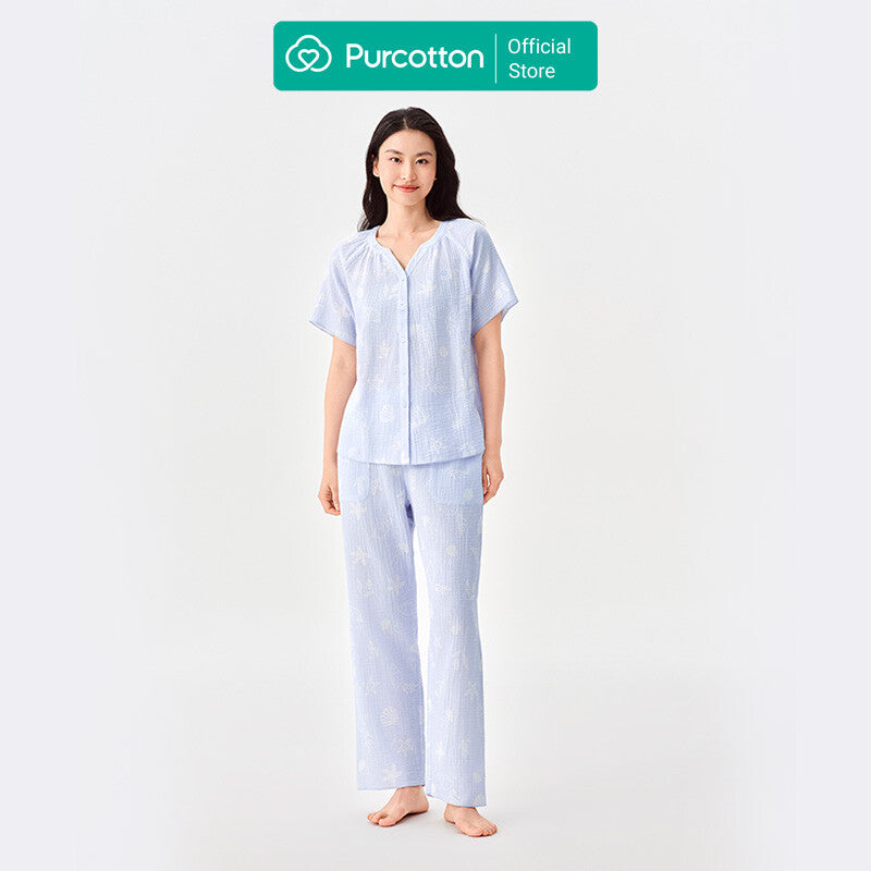 Purcotton Women's AirySoft Gauze Loungewear Set - Long Bottoms Style - Skin-Friendly, Restful & Casual Style - Summer Ocean World - Top: 165/88A; Bottoms: 165/72A MegaBDM