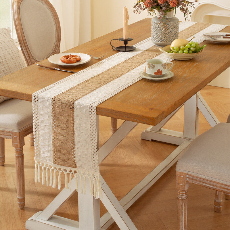 Boho 5pcs Table Runner and Placemat, Ivory & Brown Woven Macrame Scarf 12x72in Plus 4 Mats 12.5x16.5in, Farmhouse Rustic Dining Decor MegaBDM