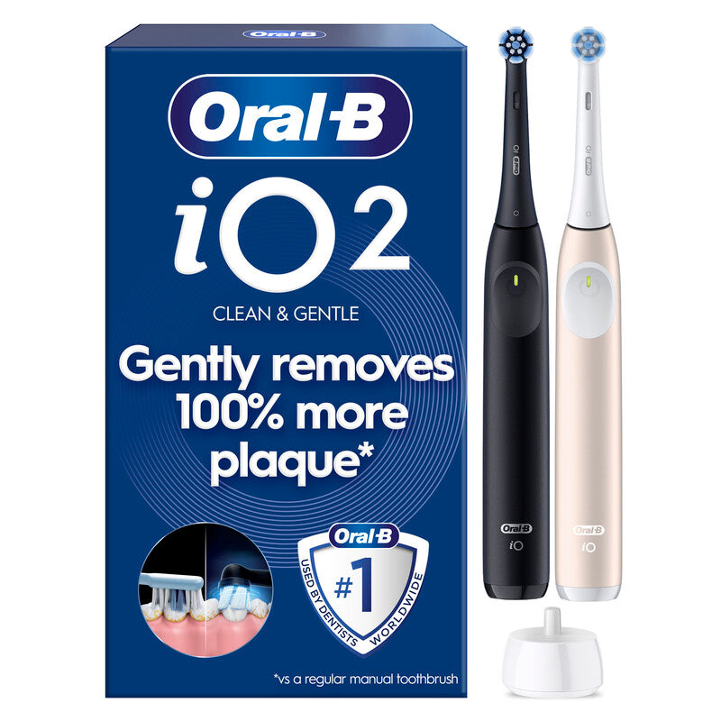 Oral-B iO2 Electric Toothbrushes Duo Pack, 3 Modes, 100% Cleaner Teeth, Automatic Pressure Sensor, Quite Sound, Long-Lasting Battery, Black & Pink MegaBDM