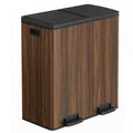 JOYFURNOS Dark Walnut Dual 30L (8 Gal Each) Recycling Bin – Metal, 2 Compartments with Foot Pedals & Soft-Close Lids, Plastic Inner Buckets, Includes 15 Liners, 58.5x32x65cm MegaBDM