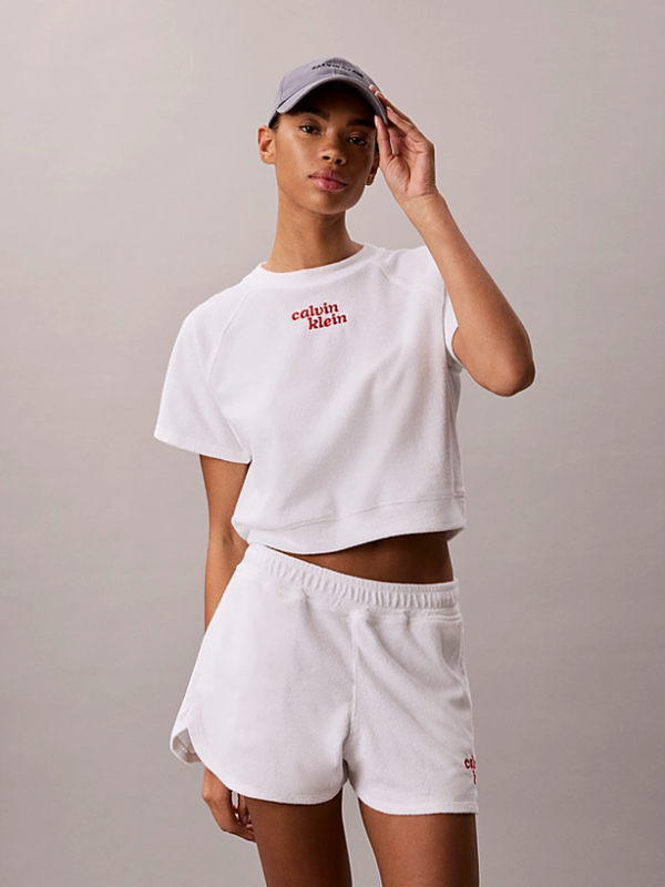 Calvin Klein Jeans Women Towel Terry Cropped Short Sleeve Top - Bright White MegaBDM