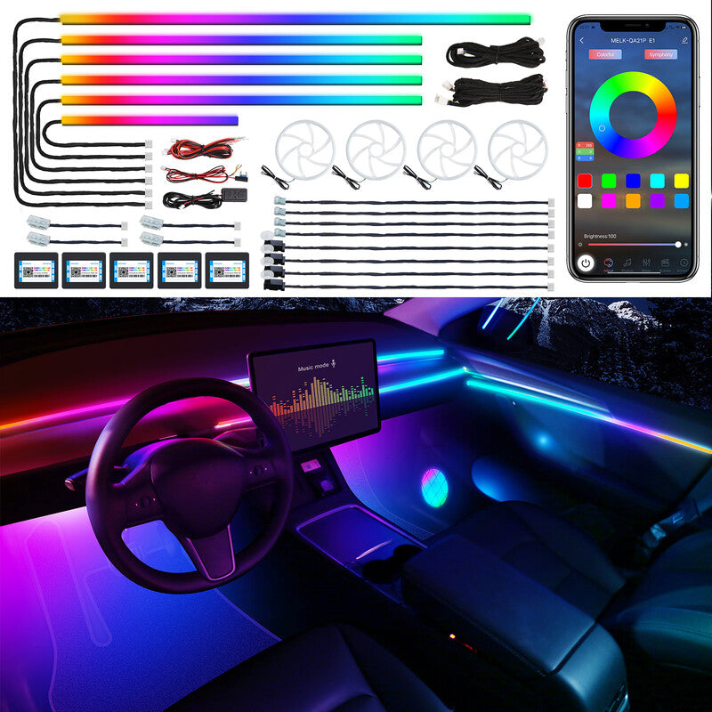 Dreamcolor Acrylic Interior Car LED Strip Light with Wireless APP, RGB 22 in 1 with 175 Inches 600 LEDs Fiber Optic Car Ambient Lighting Kits, Dual Zone Sound Active Function LED Strip for Car MegaBDM