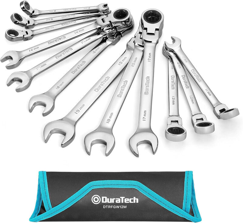 DURATECH 12-Piece Flex-Head Ratchet Spanner Set 8-19mm, Combination Wrench Set with 72 Tooth Ratchet Gear, Chrome Vanadium Steel, Metric, with Poll-up Pouch MegaBDM