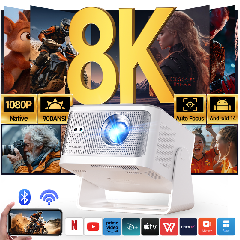 Magcubic Smart Projector, 8K Supported, Native 1080P Full HD, 900 ANSI, Android 14, 5G WiFi 6 Bluetooth 5.4, 180° Rotation & Auto Keystone, Portable Projector for Home Cinema Bedroom Outdoor Compatible with HDMI/USB/Phone/PS5/TV Stick, HY350Max MegaBDM